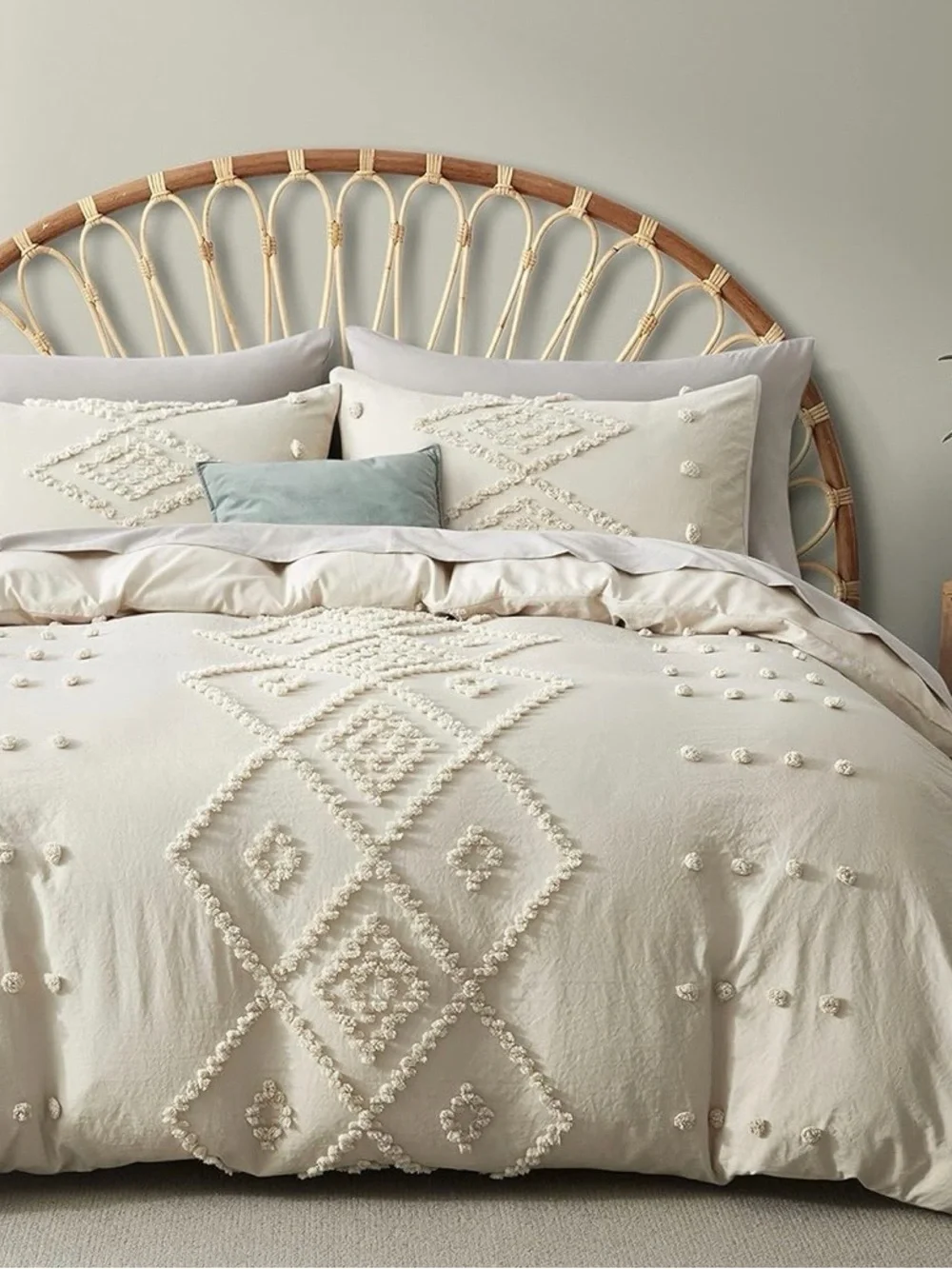NEW Anthro Beige Cream Boho Queen / King Size Tufted Fringe Bedding Duvet & Sham